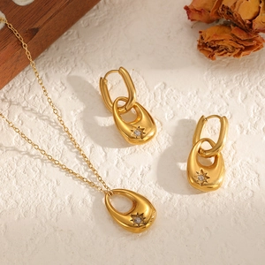 Stainless Steel 18K Gold Plated Water Drop Starburst Zircon Pendant Necklace And Earrings Vintage Elegant Women