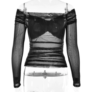 Detail of black mesh off-shoulder long sleeve top featuring Ruched and pleated textures