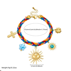Bohemian colorful woven rope bracelet with gold-plated sun and turquoise pendants
