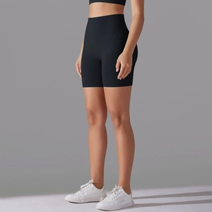 Side view of black high-waisted yoga shorts with ergonomic seams for fitness and running