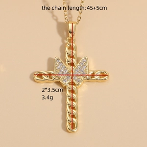 14K gold plated cross necklace with bow knot and white zircon pendant for women
