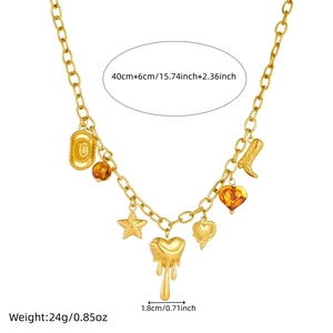 Collier en acier doré avec pendentifs bottes de cow-boy, étoiles et cœurs de lave