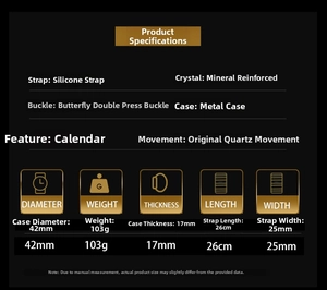 Detailed specs of tonneau quartz watch featuring 42mm metal case and silicone strap