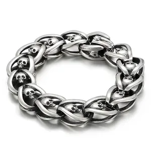 Vintage Stainless Steel Skull Bracelet For Men Punk Gothic Heavy Rock Biker Link Chain Jewelry