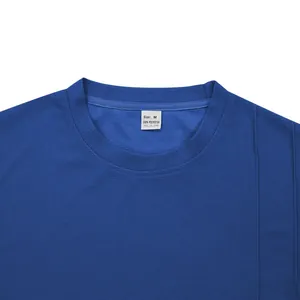 Detail of royal blue athletic t-shirt collar showing breathable mesh and 100% polyester tag