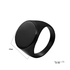 Men's matte black stainless steel signet ring with 18mm round top and 17g weight