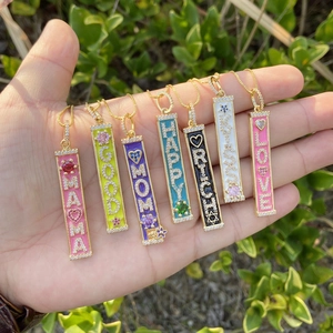 Colorful enamel 18K gold plated long rectangular necklaces with zircon letter pendants