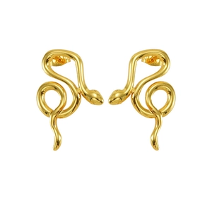 Detailed view of 18K gold plated snake stud earrings with textured scales and butterfly back