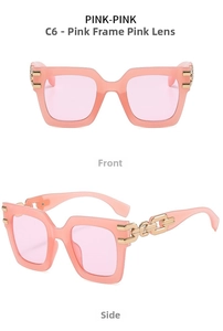 Detail view of pink square sunglasses with unique gold chain metal temple accents