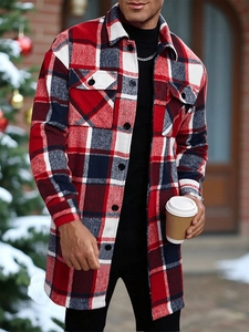 Detail of red and navy flannel plaid shirt jacket featuring buttoned double chest pockets