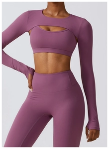 Détail de l'ensemble de yoga violet comprenant un soutien-gorge et un haut à manches