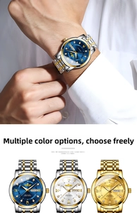 Detail view of steel watch bands with calendar display and Roman numeral dial indices