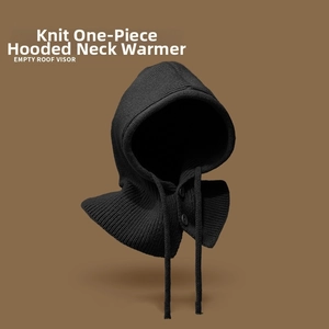 Close-up of black knitted balaclava with warm neck gaiter and adjustable drawstring hood