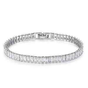 Silver tennis bracelet with rectangular clear zircons in a full circle layout