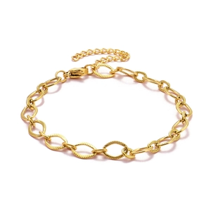 Close-up of 18K gold plated paperclip chain bracelet with textured oval links and lobster clasp