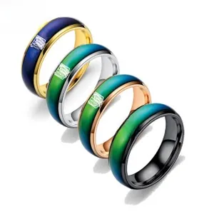 Macro detail of color-changing mood rings with totem patterns in four metallic finishes