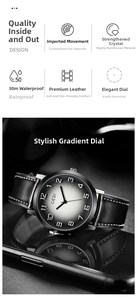 Detail of quartz watch featuring mineral glass, 30M waterproof and genuine leather strap