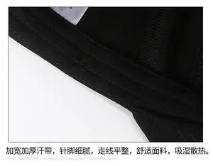 Close-up of wide padded sweatband and stitching inside the black cotton baseball cap