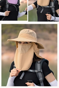 Detail of khaki outdoor sun hat with breathable mesh and detachable neck face cover