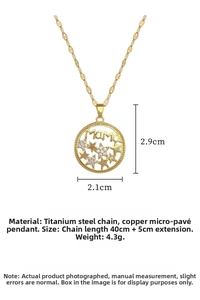 Detail of gold MAMA circle pendant with star accents and titanium steel chain