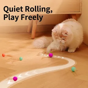 Silent silicone pet ball with colorful feathers for cat interactive play on wood floor