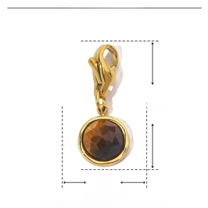 Detail showing dimensions of 20mm length and 8mm tiger eye stone pendant in gold finish