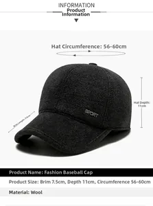 Detailed view of dark grey wool baseball cap showing exact dimensions and SPORT metal badge