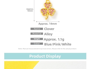 Detailed size chart for pink clover alloy charm with rhinestones measuring 18mm by 14mm