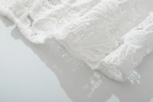 Detailed macro view of delicate white lace embroidery on a feminine clothing set