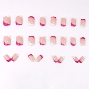 Short square press-on nails with pink french wave patterns and silver H letter detail