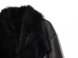 Close-up of fluffy black fur collar and textured leather surface of a winter long coat