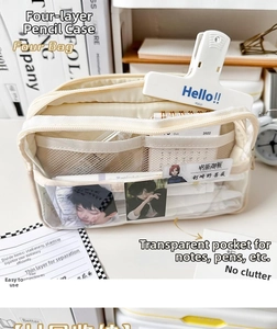 Macro detail of a 4-layer clear pencil case showing mesh pockets and canvas material
