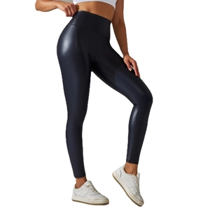 High waist black faux leather leggings for women with a sleek shiny finish slim fit