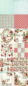 Detailed view of 12 vintage Christmas scrapbooking papers with reindeer and Santa motifs