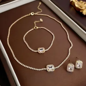 Elegant Square Zirconia Necklace Bracelet And Earrings With Silver Earring Post Copper Gold Plated Jewelry Women
