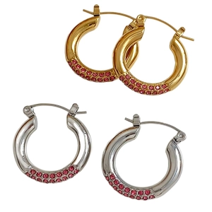 Bohemian C-shaped stainless steel earrings with pink zircons in gold and silver finish