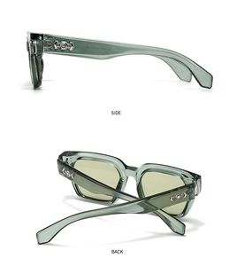 Seiten- und Rückansicht der grünen transparenten quadratischen Sonnenbrille mit Metallakzent