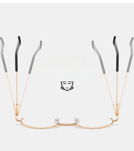 Detail of flexible spring hinges on gold metal half-frame glasses for various face shapes
