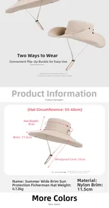 Detail of beige sun hat showing adjustable brim buckles and 33cm long windproof rope