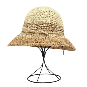 Handmade crochet straw hat with gradient color design and bow tie for sun protection
