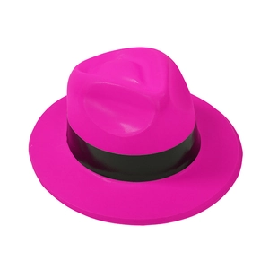 Classic bright pink party fedora hat with black band and smooth plastic finish