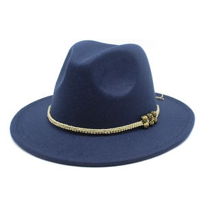 Classic dark blue wool fedora hat with beige braided band and antique gold beads detail