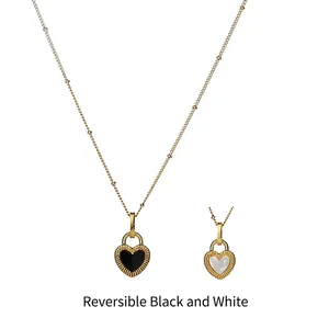 Double-sided heart pendant necklace in titanium steel with black and white shells