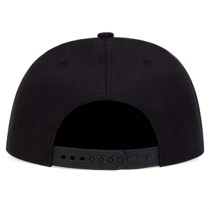 Close-up of adjustable black plastic snapback closure on a twill baseball cap