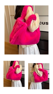 Detailed views of a large fuchsia faux fur tote bag showing the soft texture and shoulder strap