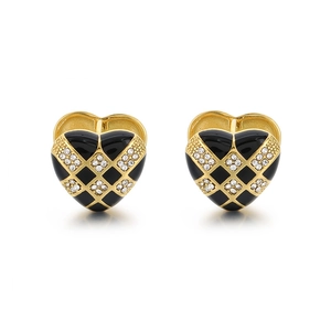Fashionable heart earrings with black enamel checkerboard pattern and sparkling zircons