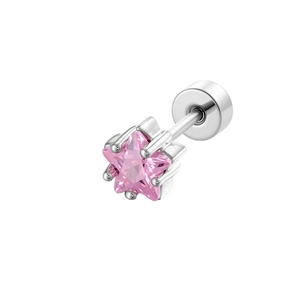 Pink star-shaped zircon cartilage stud earring in silver-tone metal with flat back