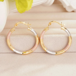 Detailed macro view of tricolor gold hoop earrings with fine grid-patterned engravings