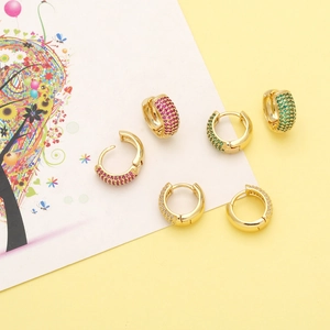 Three pairs of 18K gold plated hoop earrings with red, green, and clear zircon stones