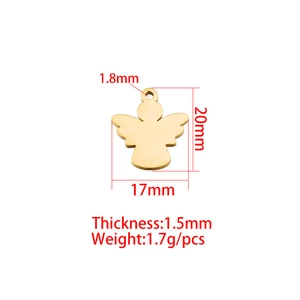 Golden stainless steel angel pendant with precise 20mm height and 1.5mm thickness